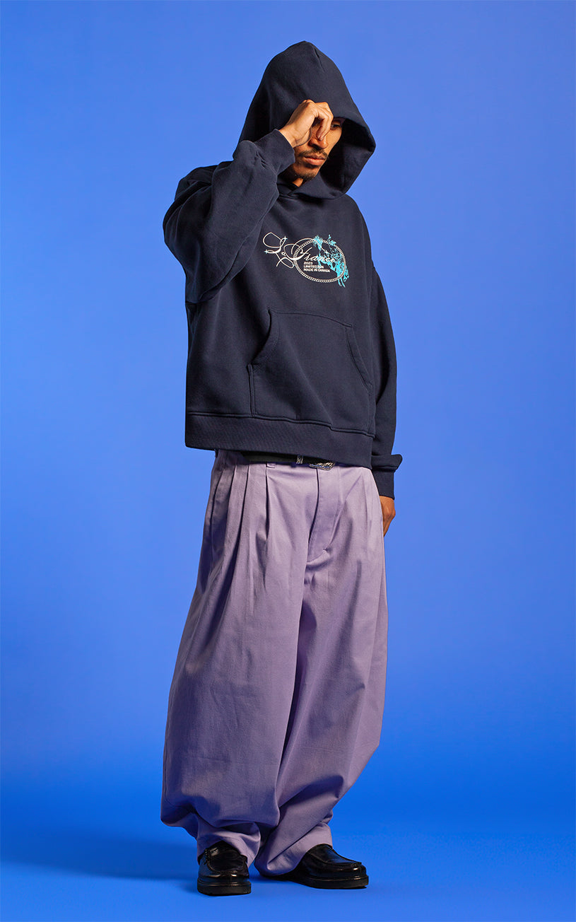 LaFrance Cropped Navy Stampede Hoodie & Lavender Pleated Trousers