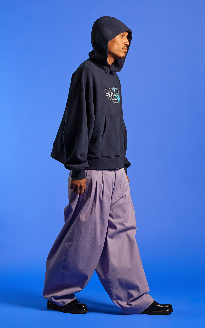 LaFrance Cropped Navy Stampede Hoodie & Lavender Pleated Trousers