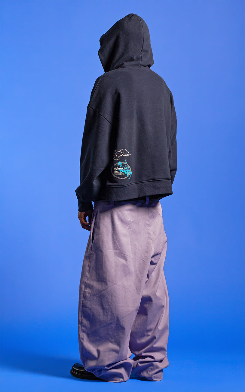 LaFrance Cropped Navy Stampede Hoodie & Lavender Pleated Trousers