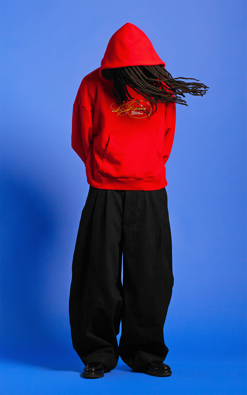 LaFrance Cropped Red Stampede Hoodie & Black Pleated Denim