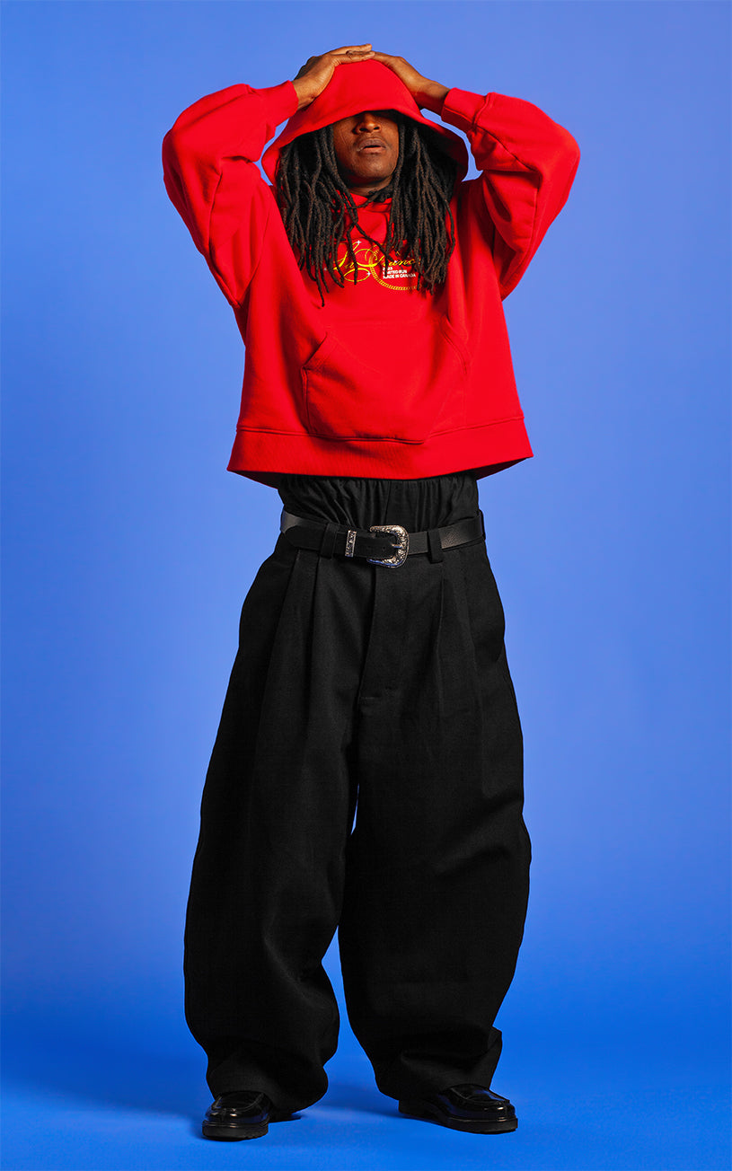 LaFrance Cropped Red Stampede Hoodie & Black Pleated Denim