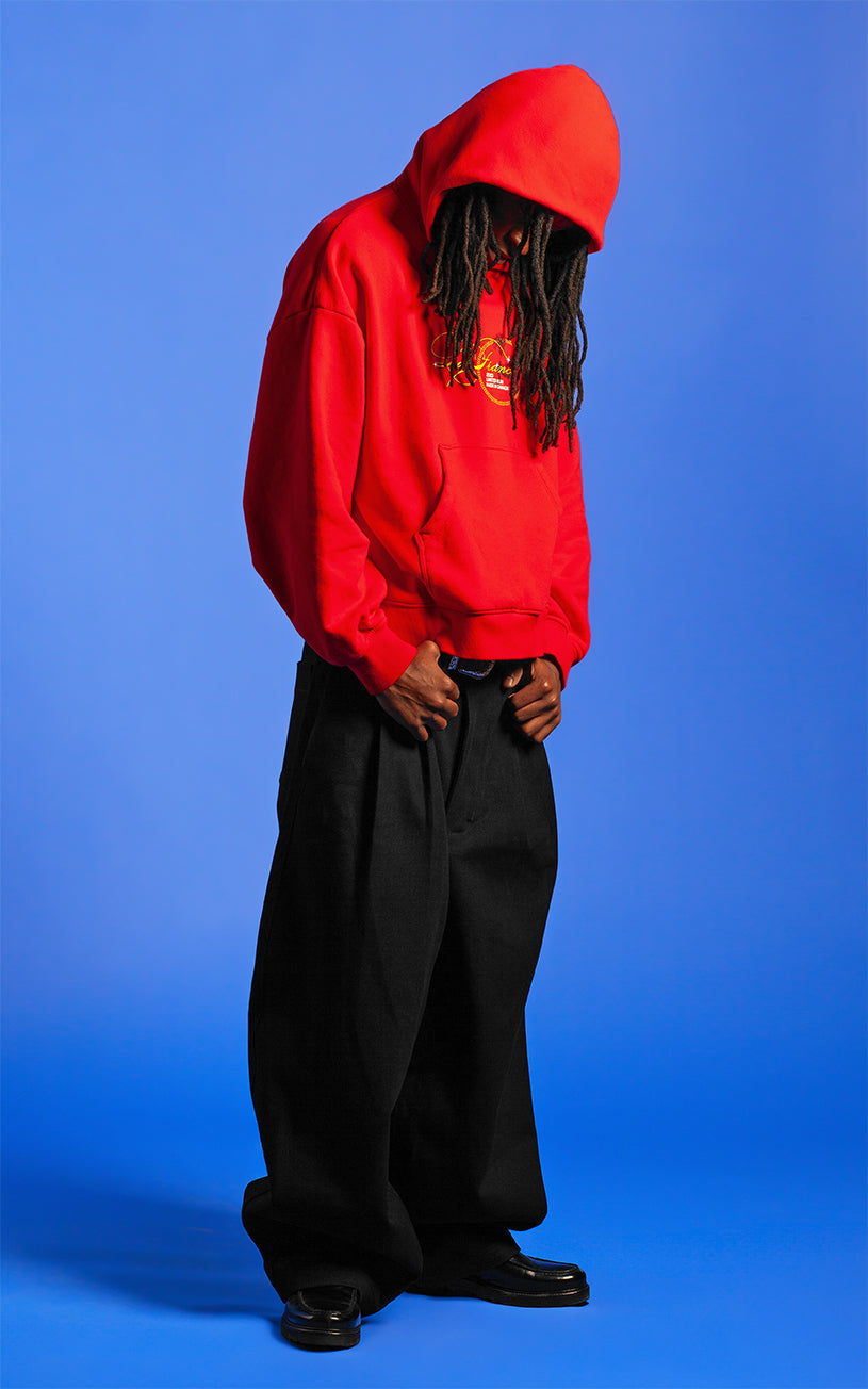 LaFrance Cropped Red Stampede Hoodie & Black Pleated Denim