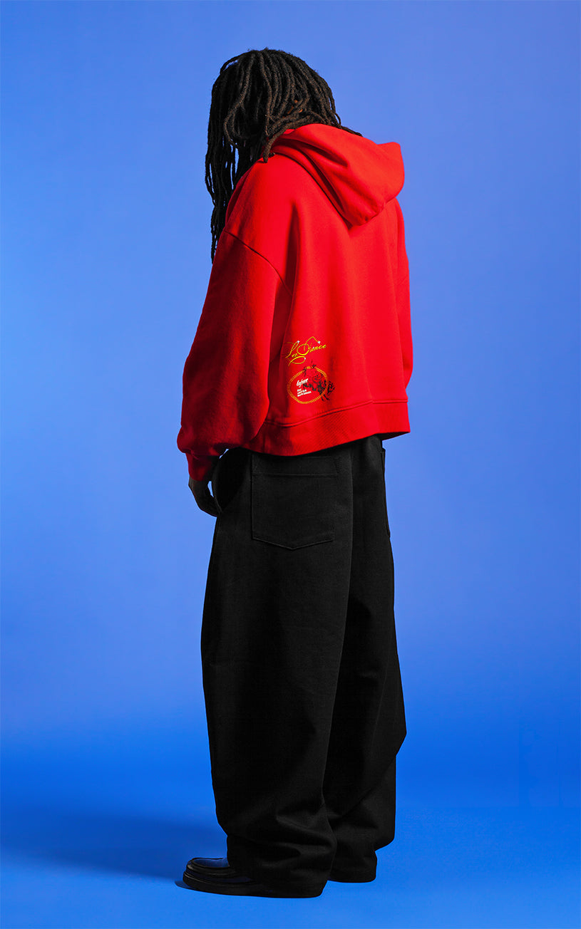 LaFrance Cropped Red Stampede Hoodie & Black Pleated Denim