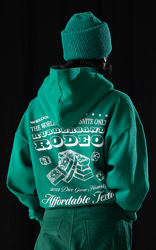 Affordable Textiles x LaFrance Rubberband Rodeo Green Hoodies , Denim and Knit Toques