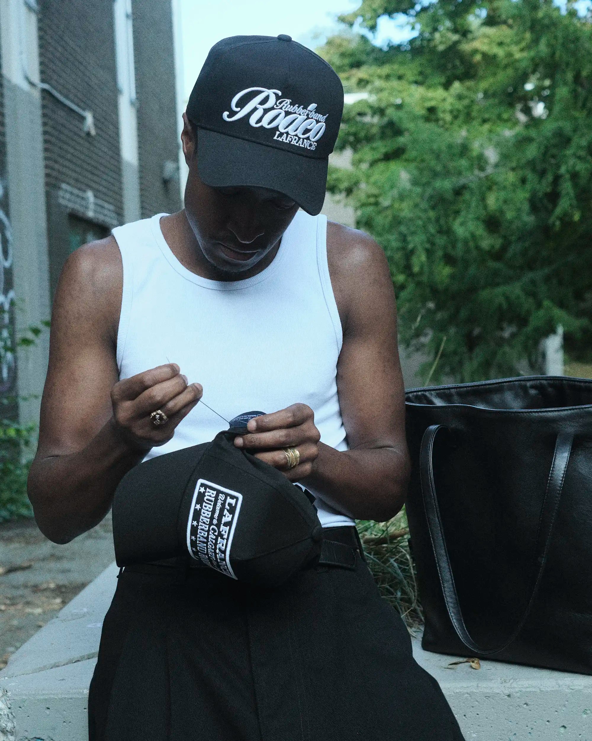 LaFrance Rubberband Rodeo Hat, Tank Top, Pleated Denim & Leather Tote