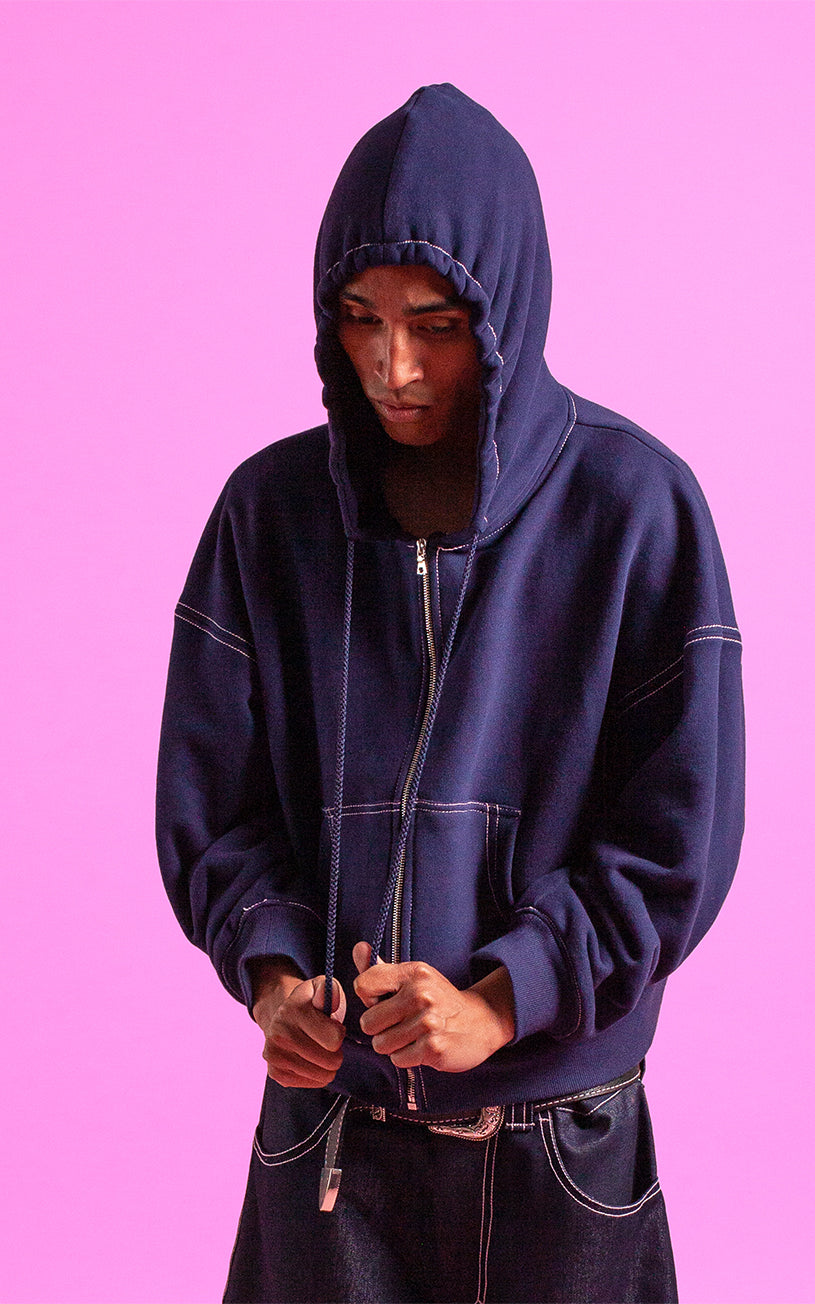 LaFrance Navy Pink Top-Stitch Zip-up Hoodie & Raw Indigo Denim