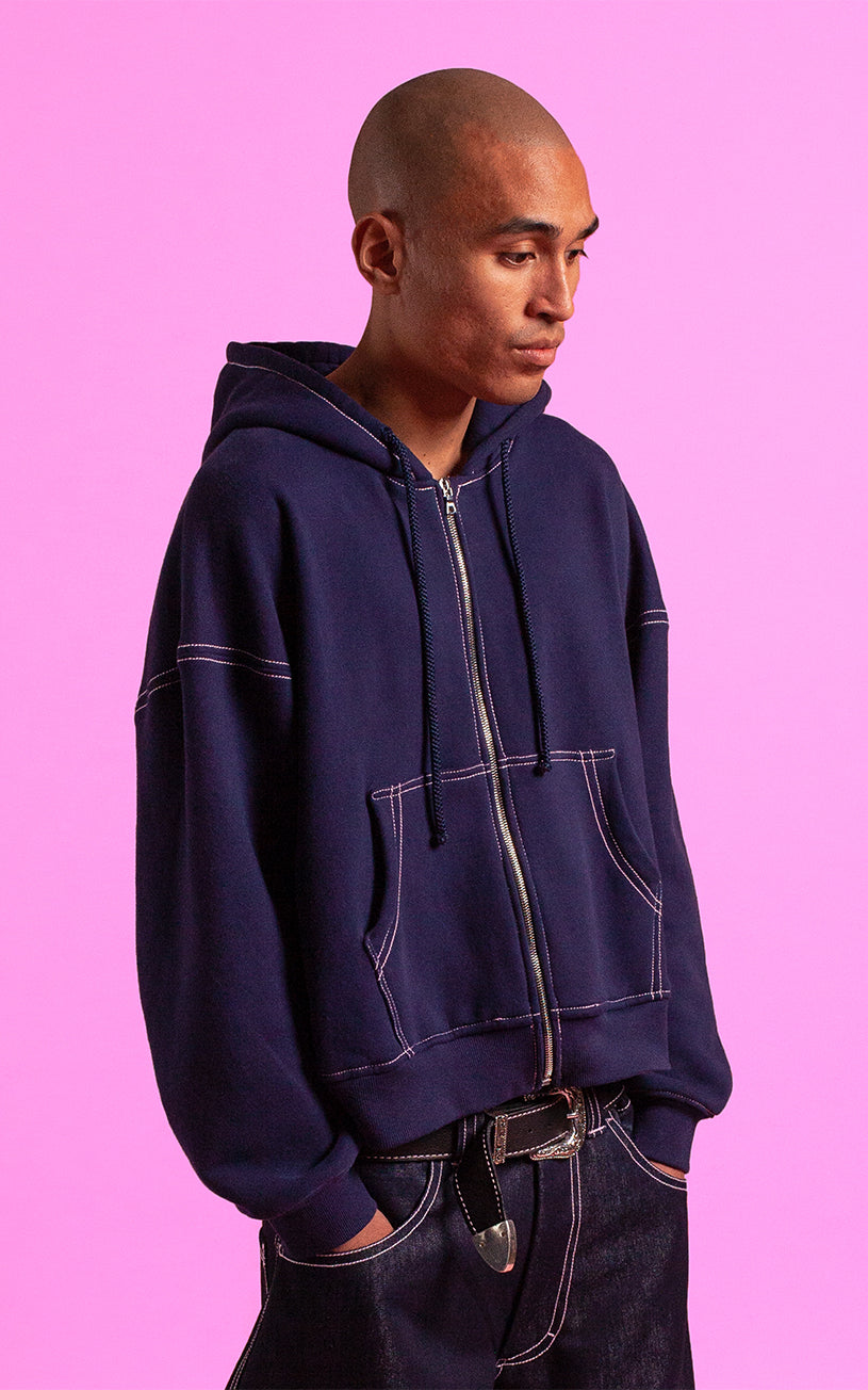 LaFrance Navy Pink Top-Stitch Zip-up Hoodie & Raw Indigo Denim